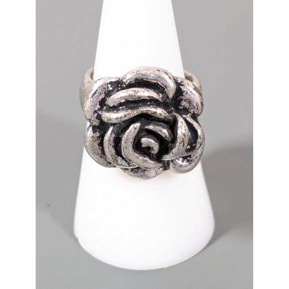 Antiqued Silver Tone Rose Flower Ring Size 7 - Picture 1 of 6